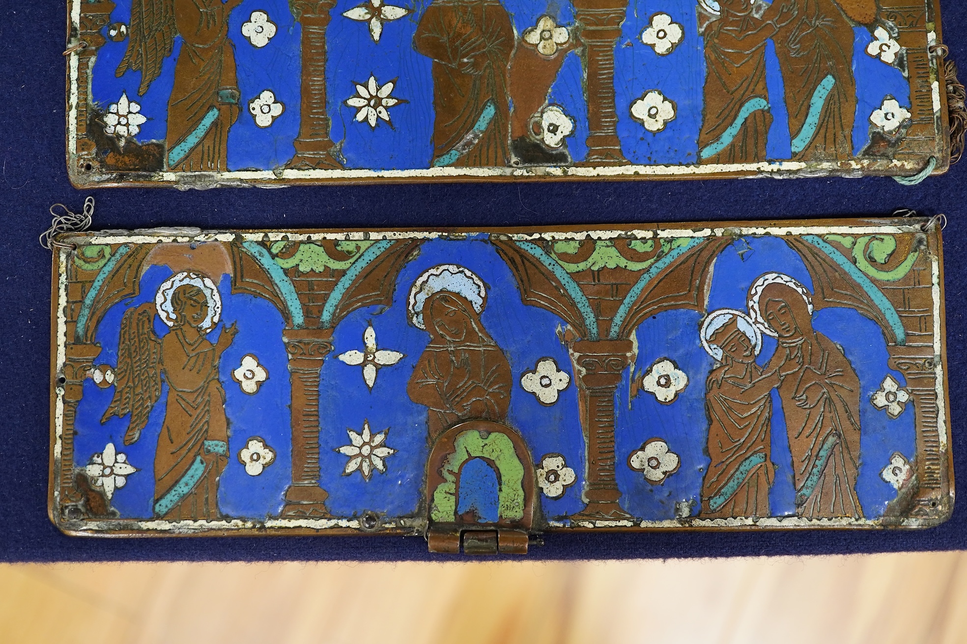 Two Limoges enamel and brass panels in medieval style, related Philips auction catalogue, 7.5 x 22cm